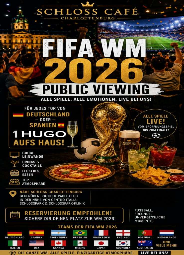 Public Viewing Charlottenburg zur FIFA WM 2026 mit jubelnden Fußballfans, großer Leinwand, WM-Pokal, Cocktails und Restaurant-Atmosphäre in Berlin Charlottenburg